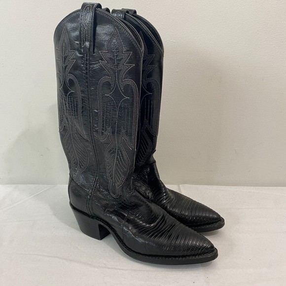 VTG Dan Post Black Teju Lizard Leather Embroidered Western Cowboy Boots Womens 5 - Picture 3 of 14